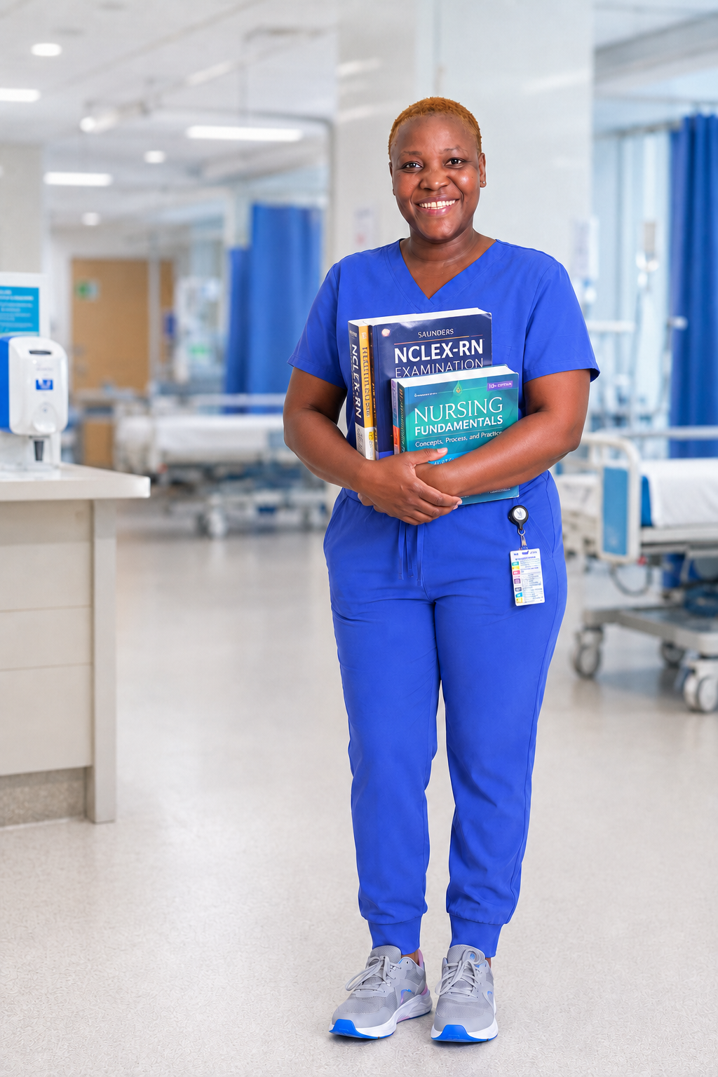 Nurse with NCLEX study materials in a hospital setting